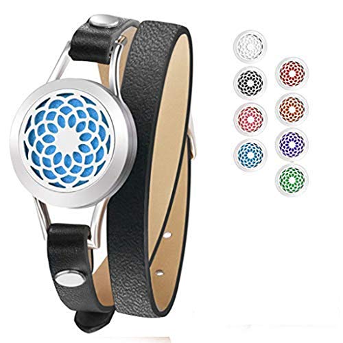 La pulsera de difusión de aceite esencial, la correa de cuero de la pulsera del aroma del acero inoxidable con los regalos de cumpleaños creativos alivia fatiga, lanza la tensión,Black