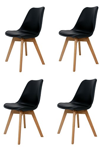 La Silla Española Salou, sillas de estilo nórdico, asiento en simil piel y patas en madera, negro, 47x42x83 cm, 4 unidades
