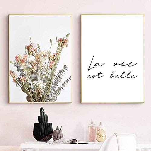 La vie est belle French Quote Black White Canvas Poster Flowers Wall Art Painting Print Nordic Decorative Picture Home Decor/40x50cmx2Pcs-Sin marco