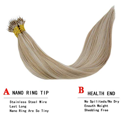 LaaVoo 22 Pulgadas Nano Loop Extensiones de Cabello Humano Recto P18/24 Ash Blonde Highlighted Golden Blonde Remi Nano Tips Pelo Natural 50g por Paquete 1g/Hilo