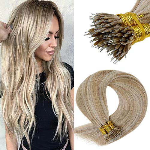 LaaVoo 22 Pulgadas Nano Loop Extensiones de Cabello Humano Recto P18/24 Ash Blonde Highlighted Golden Blonde Remi Nano Tips Pelo Natural 50g por Paquete 1g/Hilo