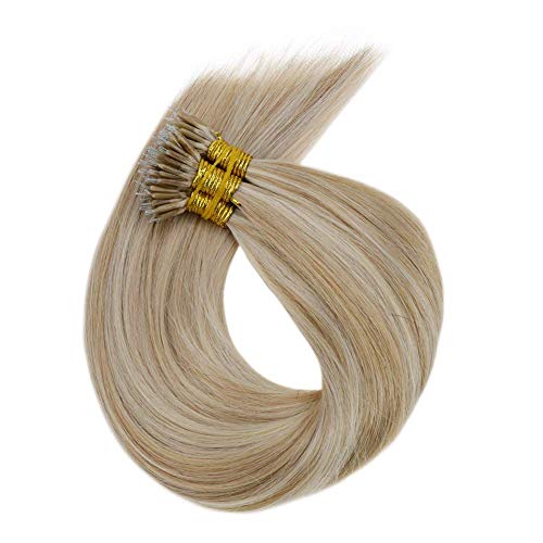 LaaVoo 22 Pulgadas Nano Loop Extensiones de Cabello Humano Recto P18/24 Ash Blonde Highlighted Golden Blonde Remi Nano Tips Pelo Natural 50g por Paquete 1g/Hilo