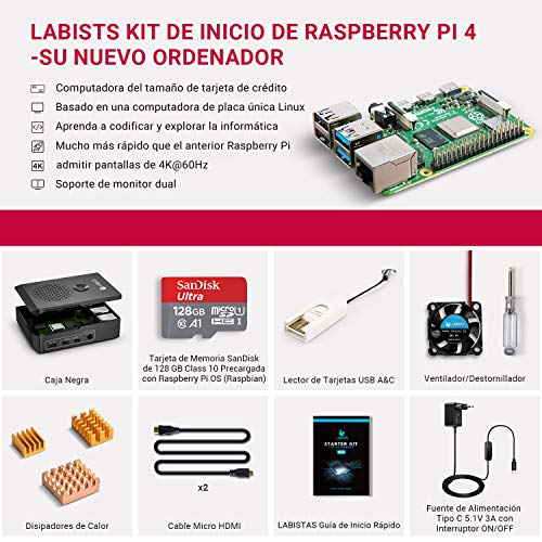 LABISTS Raspberry Pi 4 8GB Kit Incluido Tarjeta SD 128GB Precargada con Raspberry Pi OS, Ventilador, 3 Disipadores de Calor, 5.1V 3A Tipo C con ON/Off, 2 Micro HDMI, Caja y Lector de Tarjetas