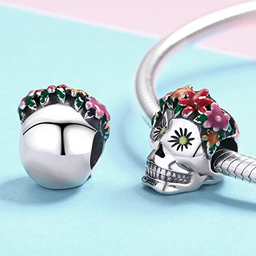 LaMenars - Abalorio de plata de ley 925 con diseño de calavera de flores, compatible con pulseras y collares europeos