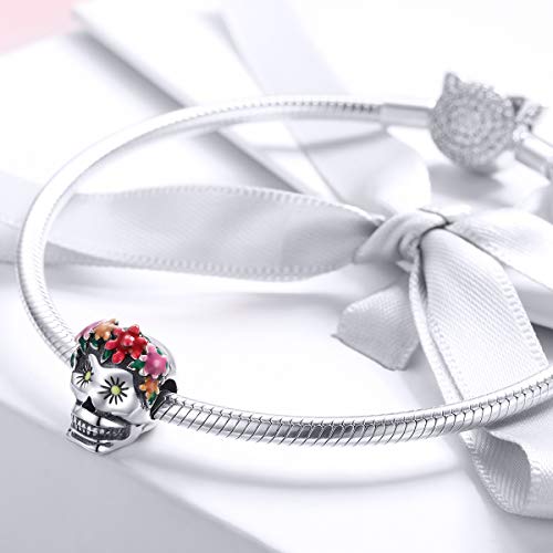 LaMenars - Abalorio de plata de ley 925 con diseño de calavera de flores, compatible con pulseras y collares europeos