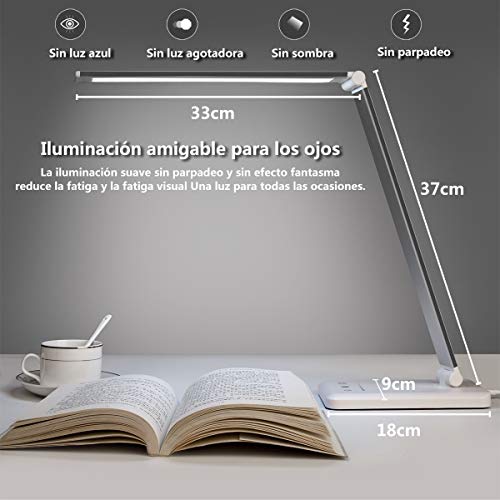 Lámpara Escritorio LED, Flexo de Escritorio (Cuidado Ocular, Puerto USB, 5 Modos,10 Niveles de Brillo,Temporizador de 30/60min, Función de Memoria)
