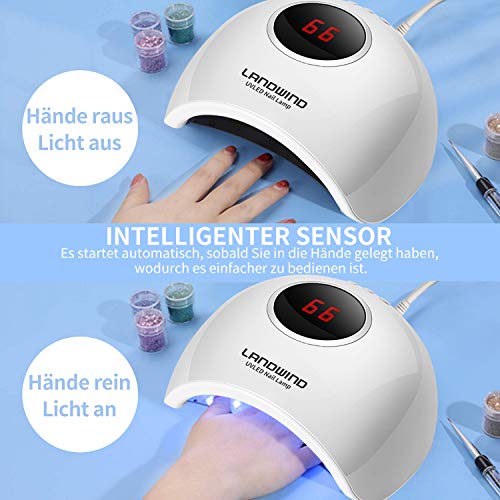 LANDWIND Lámpara de Uñas LED/UV, 36W Secador de Uñas para Esmalte de Uñas de Gel con Pantalla LCD Temporizador de 30 seg, 60 seg, Modo de Calor Bajo 90 seg Secado Rápido, Manicura/Pedicura Nail Art