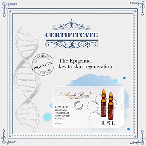 L'Angela Royal Ampollas Complex, Q10,Vitamina E, Aloe Vera, Ácido Hialurónico, Reparación Completa, Antiedad, Regeneradora, Hidratación, Tratamiento Facial, Para Piel Seca, Grasa y Mixta, 5 x 2ml