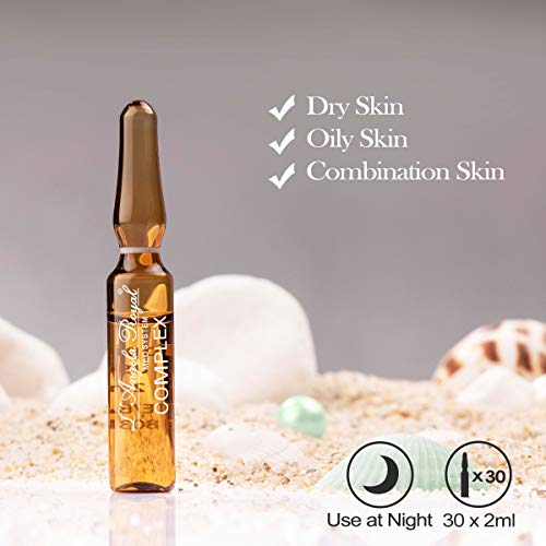 L'Angela Royal Ampollas Complex, Q10,Vitamina E, Aloe Vera, Ácido Hialurónico, Reparación Completa, Antiedad, Regeneradora, Hidratación, Tratamiento Facial, Para Piel Seca, Grasa y Mixta, 5 x 2ml