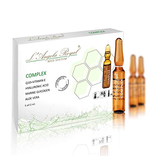 L'Angela Royal Ampollas Complex, Q10,Vitamina E, Aloe Vera, Ácido Hialurónico, Reparación Completa, Antiedad, Regeneradora, Hidratación, Tratamiento Facial, Para Piel Seca, Grasa y Mixta, 5 x 2ml