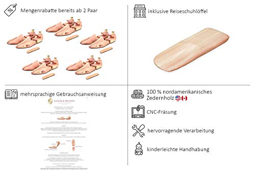 Langer & Messmer hormas para zapatos de madera de cedro (para hombre y mujer), incluye calzador pequeño de madera de cedro, perfecto para viajes tamaño 34-50, el original (46/47 EU)