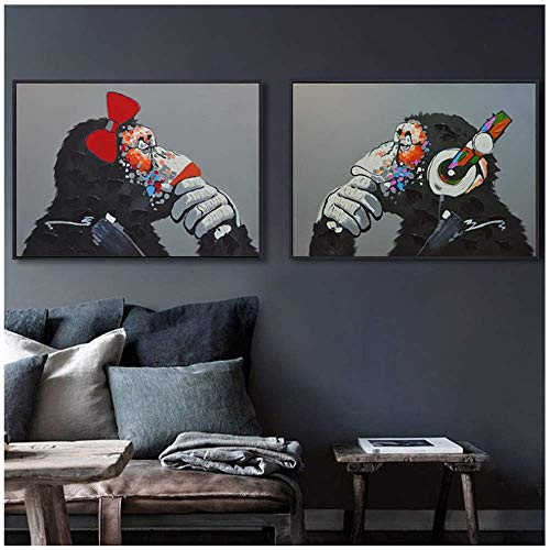 LangGe Listones de Madera - 2x50x70cm - Sin Marco - Graffiti Urbano Gorila Mono Música - Pintura al óleo nórdica Impresiones Carteles Habitación Decoración de Arte de Pared