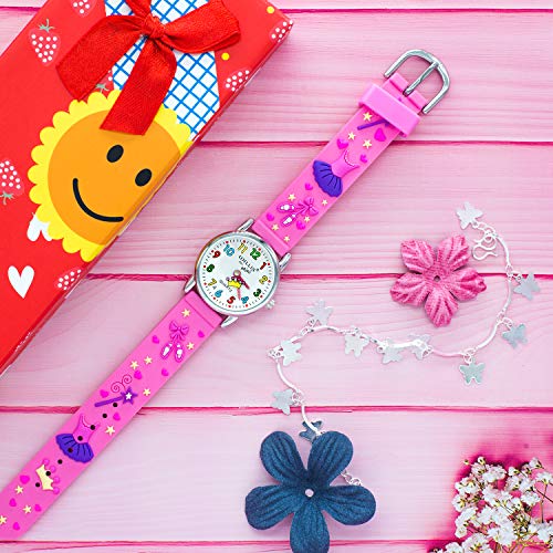 LAPPAZO- Reloj Niña de Analógico Cuarzo con Correa de 3D Dibujos Kit de Princesa y Pulsera Plata Mariposa con Caja de Regalo para Niñas 3-15 Años