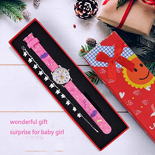 LAPPAZO- Reloj Niña de Analógico Cuarzo con Correa de 3D Dibujos Kit de Princesa y Pulsera Plata Mariposa con Caja de Regalo para Niñas 3-15 Años
