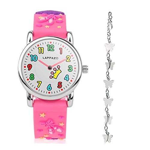 LAPPAZO- Reloj Niña de Analógico Cuarzo con Correa de 3D Dibujos Kit de Princesa y Pulsera Plata Mariposa con Caja de Regalo para Niñas 3-15 Años