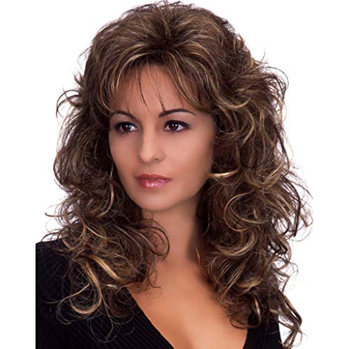 Largo y Rizado Cabello castaño Peluca de Las Mujeres Natural Aire Rizado Flequillo Alta Temperatura de Seda Rosa Pelo Redondeada Longitud del Pelo Natural 50 cm