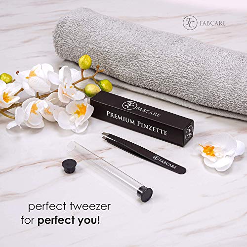 Las pinzas de depilar FABCARE para depilación de cejas (diagonal) con funda incluida - Punta mejorada - Pinzas profesionales para cejas con acabado antideslizante - Pinzas de cejas para depilación