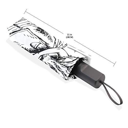 LASINSU Paraguas Resistente a la Intemperie,protección UV,Paraguas Ligero,Alicia en Blanco y Negro Mirando a través de Cortinas Puerta Oculta Aventura，Plegable