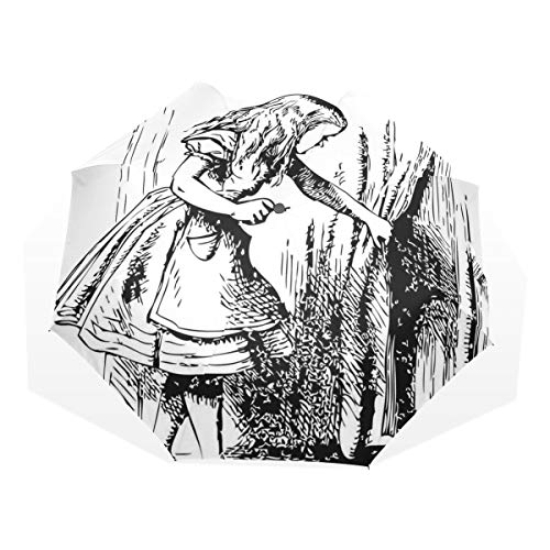 LASINSU Paraguas Resistente a la Intemperie,protección UV,Paraguas Ligero,Alicia en Blanco y Negro Mirando a través de Cortinas Puerta Oculta Aventura，Plegable