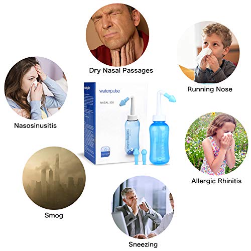 Lavado nasal, 300ml Hydro Nasal Wash Cleaner,sistema de irrigación de los senos nasales con 25 paquetes de sal,botella de lavado nasal para las alergias y los senos nasales, para adultos y niños (60)