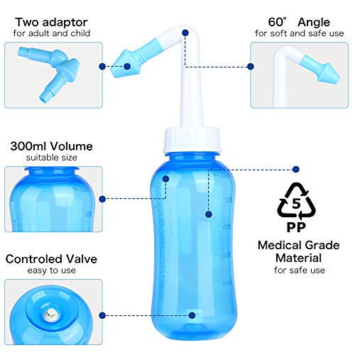 Lavado nasal, 300ml Hydro Nasal Wash Cleaner,sistema de irrigación de los senos nasales con 25 paquetes de sal,botella de lavado nasal para las alergias y los senos nasales, para adultos y niños (60)