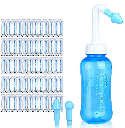 Lavado nasal, 300ml Hydro Nasal Wash Cleaner,sistema de irrigación de los senos nasales con 25 paquetes de sal,botella de lavado nasal para las alergias y los senos nasales, para adultos y niños (60)