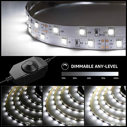 LE LED Luces de Tiras Regulables, 5M 1200lm, Blanco Frío 6000K, 300 LEDs, Enchufe en la tira de luz para gabinete, armario y más, Incluido Fuente de alimentación de 12V y regulador de intensidad