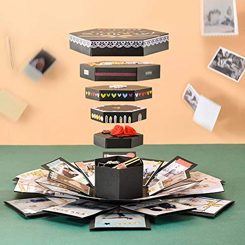 LEADSTAR Explosion Box, Álbum de Fotos Creative Scrapbook DIY de Bricolaje Libro Recuerdos Caja de Explosiones con 6 Caras para Cumpleaños Aniversario Boda San Valentín Día de la Madre Navidad, Negro