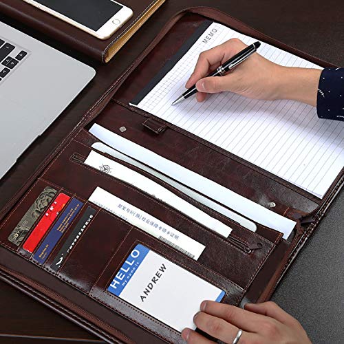 Leathario - Carpeta para documentos (tamaño A4, con cremallera, incluye bloc de notas), color marrón