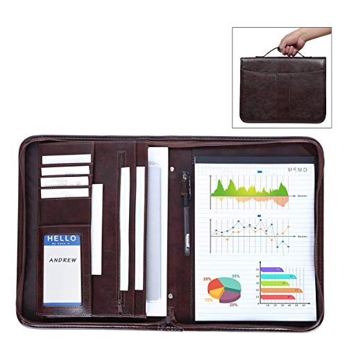 Leathario - Carpeta para documentos (tamaño A4, con cremallera, incluye bloc de notas), color marrón