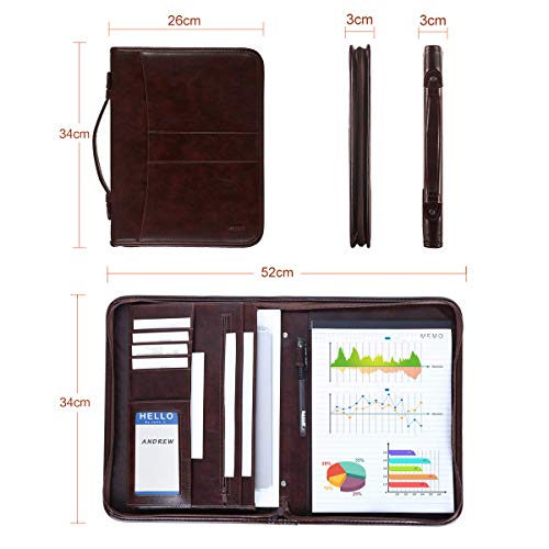 Leathario - Carpeta para documentos (tamaño A4, con cremallera, incluye bloc de notas), color marrón