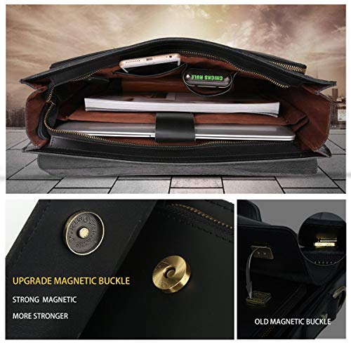 Leathario Maletín Cuero Ejecutivo Auténtico con Asa para Conferencias Bolsa Mensajero Vintage para Portátil 14 Pulgadas Bolso de Negocio Abogado Negro