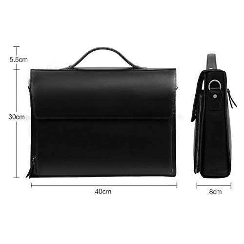Leathario Maletín Cuero Ejecutivo Auténtico con Asa para Conferencias Bolsa Mensajero Vintage para Portátil 14 Pulgadas Bolso de Negocio Abogado Negro