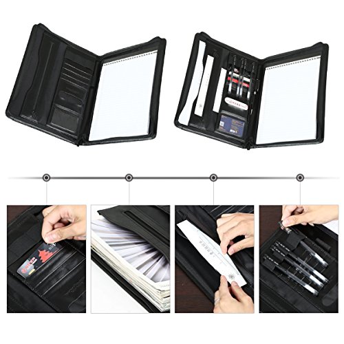 Leathario Marca de Portafolio/ Carpeta Plegable de Mano  PU, Diseñado para Negocios y para tomar notas (Negro-A4-L)