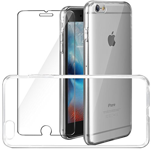 Leathlux Funda + 2X Cristal para iPhone 6 / 6s, Transparente TPU Silicona [Funda + 2 Pack Vidrio Templado] Ultra Fino Protector de Pantalla 9H Dureza + Flexible Back Case Cover para iPhone 6s / 6