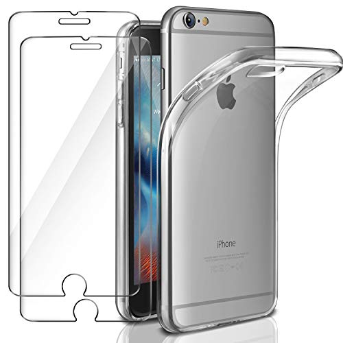 Leathlux Funda + 2X Cristal para iPhone 6 / 6s, Transparente TPU Silicona [Funda + 2 Pack Vidrio Templado] Ultra Fino Protector de Pantalla 9H Dureza + Flexible Back Case Cover para iPhone 6s / 6