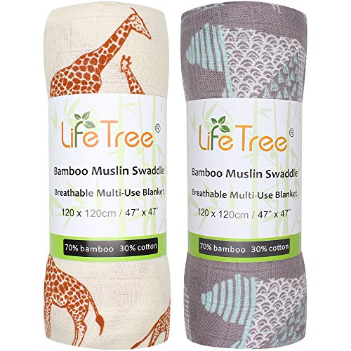 Lebze Muselina Manta Bebé | Mantas de Muselina de Bambú Algodón | 120x120 cm Pack de 2"Oso y Jirafa"