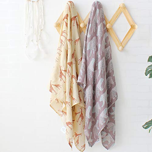 Lebze Muselina Manta Bebé | Mantas de Muselina de Bambú Algodón | 120x120 cm Pack de 2"Oso y Jirafa"