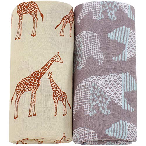 Lebze Muselina Manta Bebé | Mantas de Muselina de Bambú Algodón | 120x120 cm Pack de 2"Oso y Jirafa"