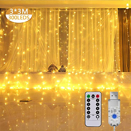 LED Luces de Cadena de Cortina, 3x3M 300 Con 8 Modos Mando a Distancia cadena de cortina de cobre USB Para Ambientes de Bodas al Aire Libre, Navidad,