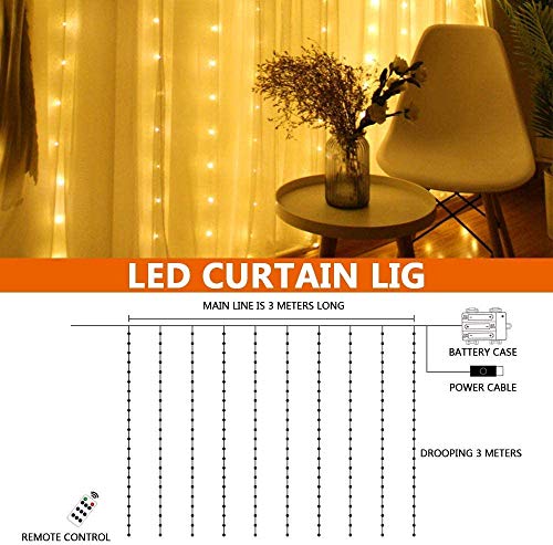 LED Luces de Cadena de Cortina, 3x3M 300 Con 8 Modos Mando a Distancia cadena de cortina de cobre USB Para Ambientes de Bodas al Aire Libre, Navidad,