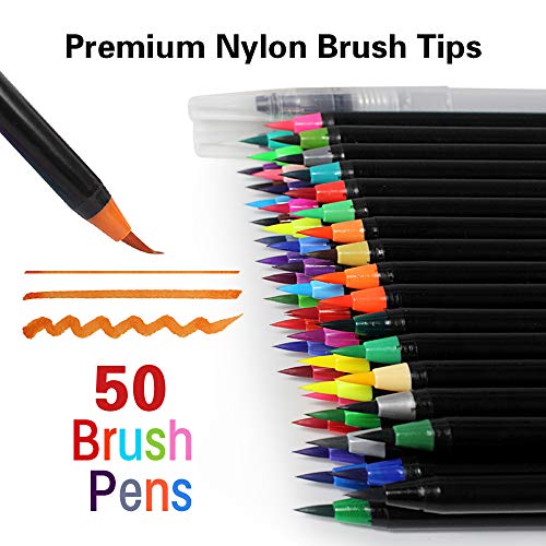 Lehoo Castle Rotuladores Punta de Pincel Bolígrafos de Acuarela y 1 Agua Pincel Rotuladores Punta Pincel de Nylon Flexibles Para Manga Bullet Journal Caligrafía y Dibujos Coloreado (50)