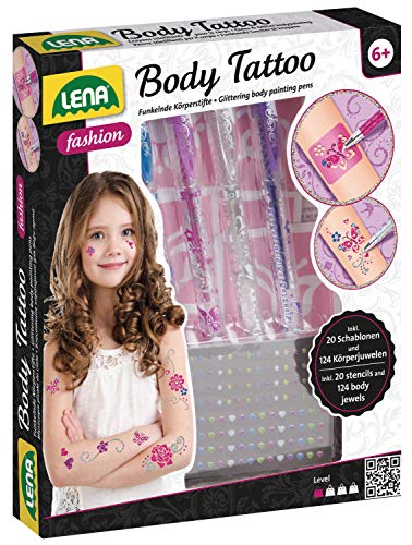 Lena 42433, 4 lápices de Colores Brillantes y 10 Plantillas para Tatuajes corporales y 24 Pegatinas 3D para el Cuerpo, Juego de estilismo para niños a Partir de 6 años, carbón (SIMM Spielwaren