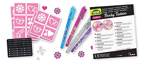 Lena 42433, 4 lápices de Colores Brillantes y 10 Plantillas para Tatuajes corporales y 24 Pegatinas 3D para el Cuerpo, Juego de estilismo para niños a Partir de 6 años, carbón (SIMM Spielwaren