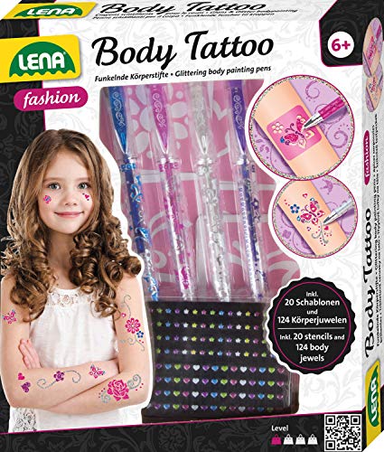 Lena 42433, 4 lápices de Colores Brillantes y 10 Plantillas para Tatuajes corporales y 24 Pegatinas 3D para el Cuerpo, Juego de estilismo para niños a Partir de 6 años, carbón (SIMM Spielwaren