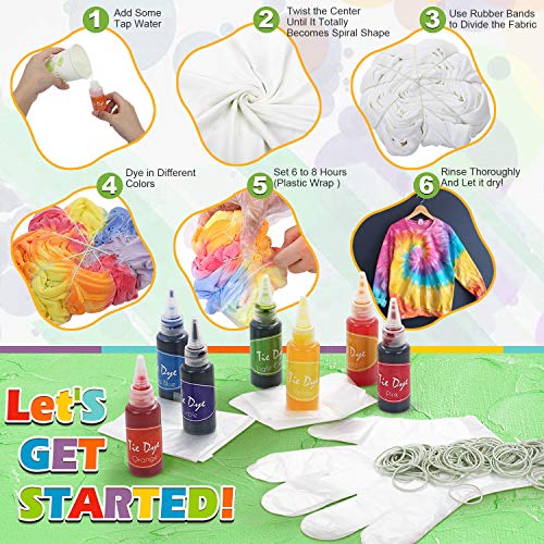 lenbest 26 Colores Tie Dye DIY Kit, Conjunto de Tinte Tie Tie de un Solo Paso Camisa Tela Tinte Duministros No Tóxicos, con 120 Bandas de Goma, 10 Pares de Guantes de Plástico, Delantal 2 Piezas