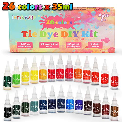 lenbest 26 Colores Tie Dye DIY Kit, Conjunto de Tinte Tie Tie de un Solo Paso Camisa Tela Tinte Duministros No Tóxicos, con 120 Bandas de Goma, 10 Pares de Guantes de Plástico, Delantal 2 Piezas