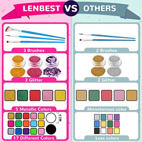 lenbest Pinturas Cara, Pintura Facial con 1 Libro Tutorial de Pintura Facial, 17 Colores de Pintura, 256 Pegatinas de Diamantes de Imitación, Maquillaje al Agua para Halloween / Fiestas ect