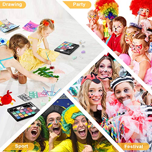 lenbest Set de Pintura Cara Infantil , Pintura Facial 17 Colores, Mayor Capacidad Blanco y Negro, con 1 Folleto Tutorial Pintado, 28 Plantillas y 4 Pinceles, para Fiestas, Carnaval y Halloween