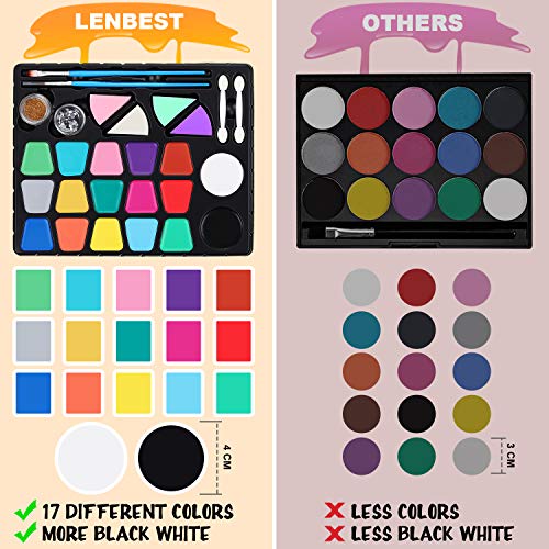 lenbest Set de Pintura Cara Infantil , Pintura Facial 17 Colores, Mayor Capacidad Blanco y Negro, con 1 Folleto Tutorial Pintado, 28 Plantillas y 4 Pinceles, para Fiestas, Carnaval y Halloween